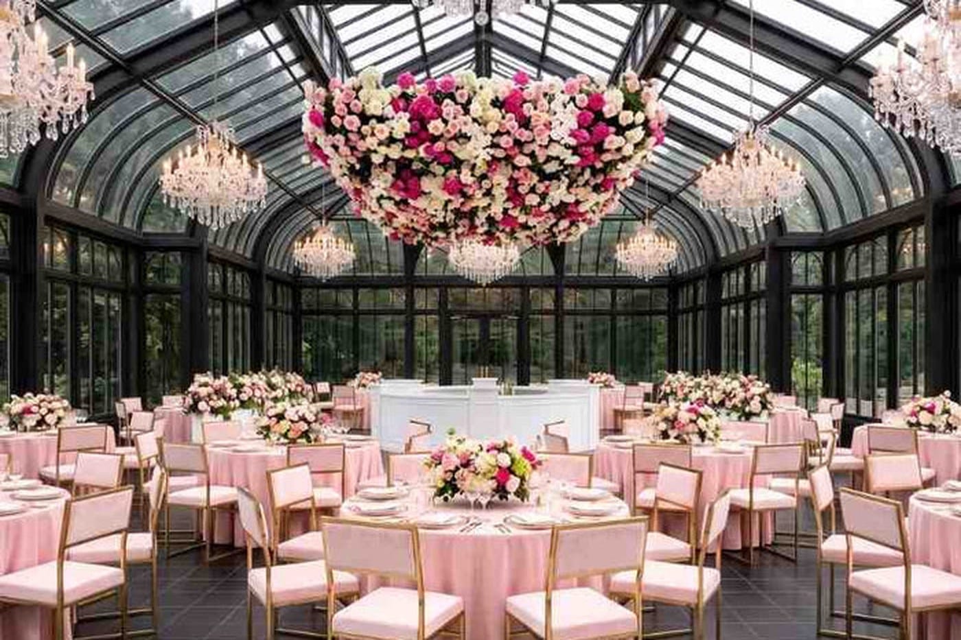 Conservatory reception with blush floor-length linen on 72-inch round tables