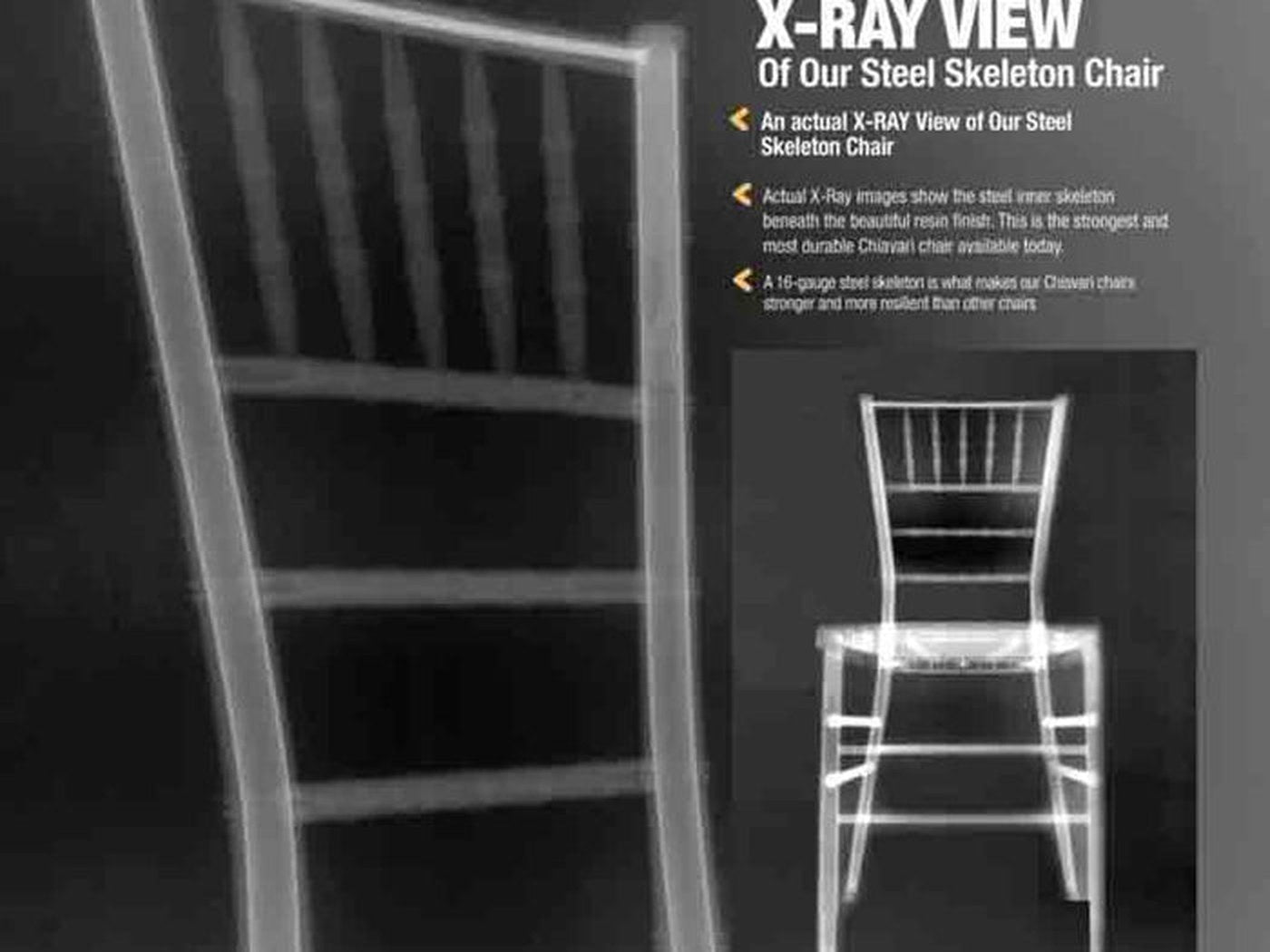 The frame, X-rayed. The Steel Skeleton™ is an internal steel core cast inside the resin — the reason for the 4,000 lb rating and the ten-year term.