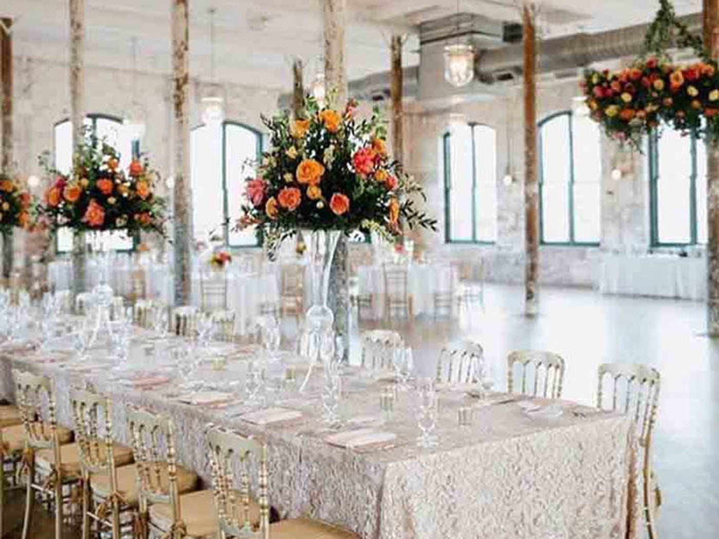 Gold Napoleons in a light-filled room with lace overlays. The straight back sits as architecture rather than ornament.
