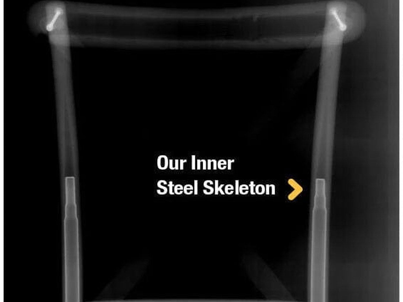 The same X-ray on the Cross Back. Steel inside, WoodGrain™ outside, ten years of frame coverage.