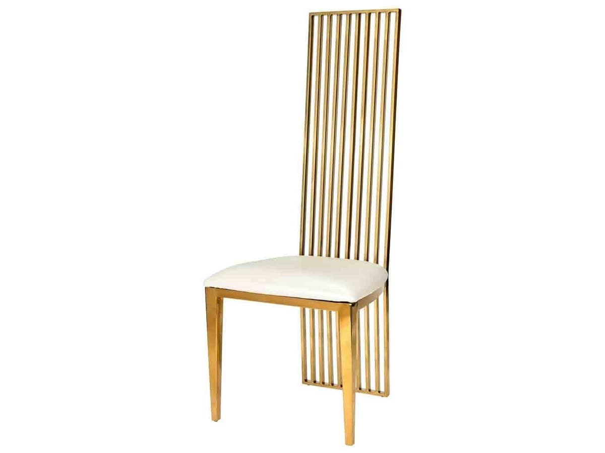 The gold stainless frame with white vinyl seat. The vertical members run the full 47.3 inches, which is what produces the architectural read from across a room.