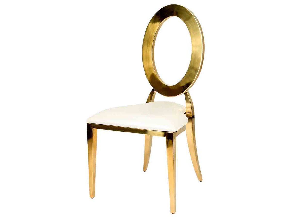 The gold stainless frame with white vinyl. The back is a single closed ring — no spindles, no cross members, nothing to read as pattern.