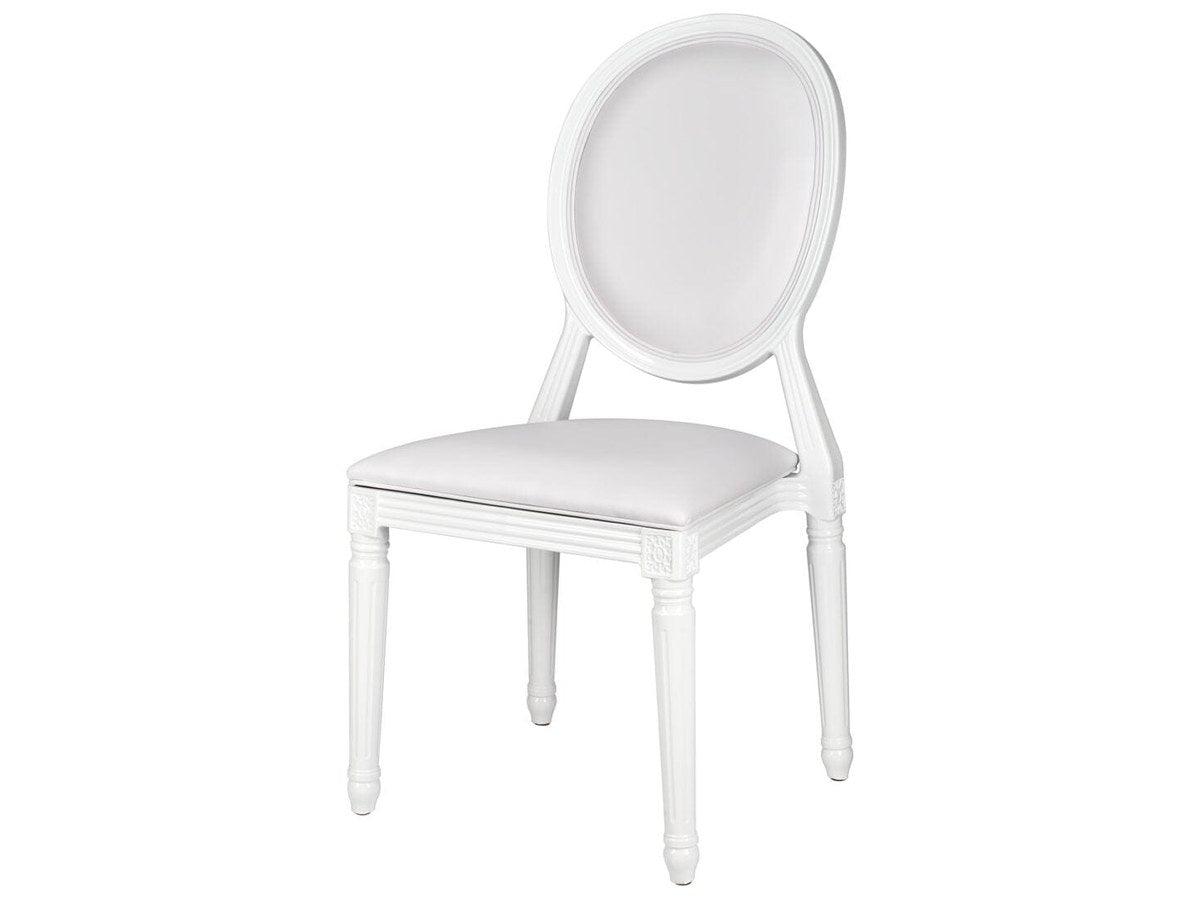 The white resin version with white vinyl seat and back — the ballroom end of the range, and the one that reads most like traditional painted French furniture.