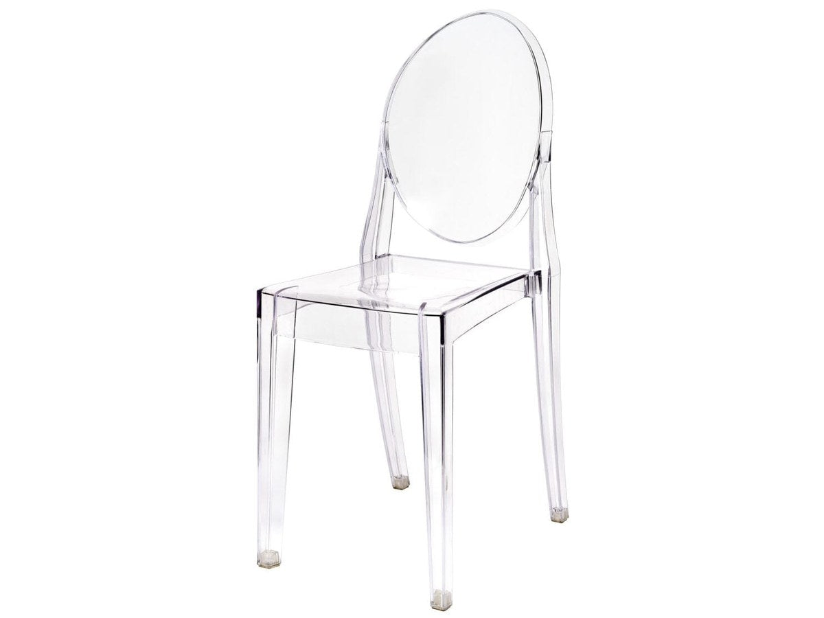 The clear Victoria back. Optically clear resin, 13.5 inches across the seat — the narrowest in the showpiece group, and eight pounds in the hand.