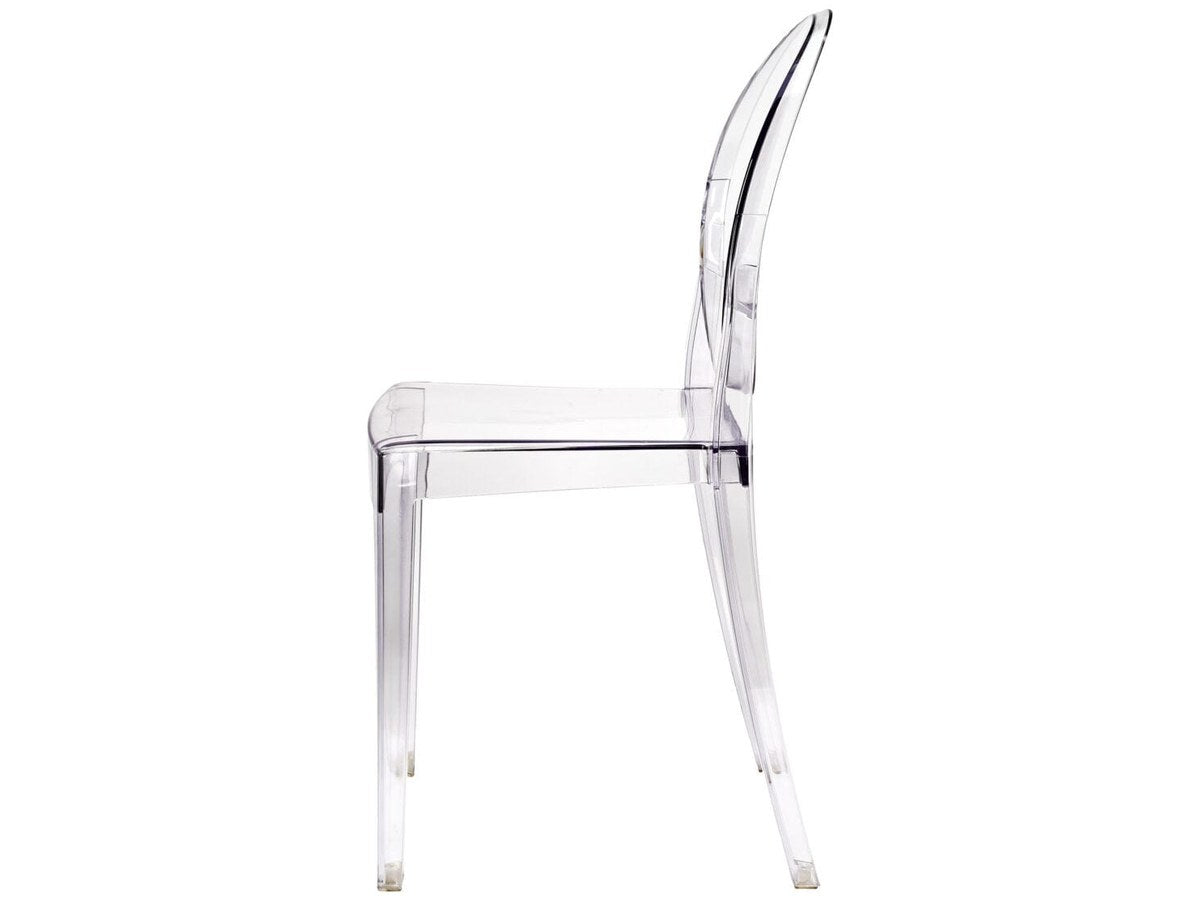 The same chair from a second angle. Both the Victoria and Sophia backs are offered in clear, smoke, vintage green, fuchsia, black and white.