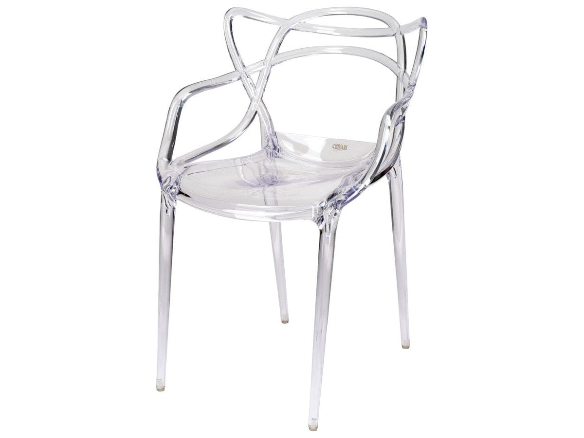 The clear Orbit™. Low back, deep seat, integral arms — lounge geometry in a chair that weighs eleven pounds and stacks.