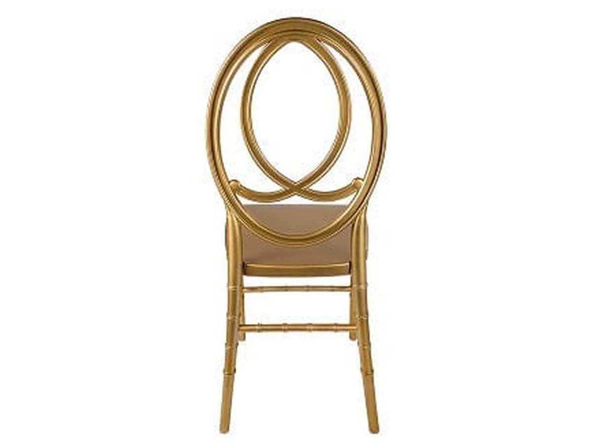 The gold ToughResin™ Infinity. Chiavari proportions and seat height, with an open oval back in place of the turned spindles.
