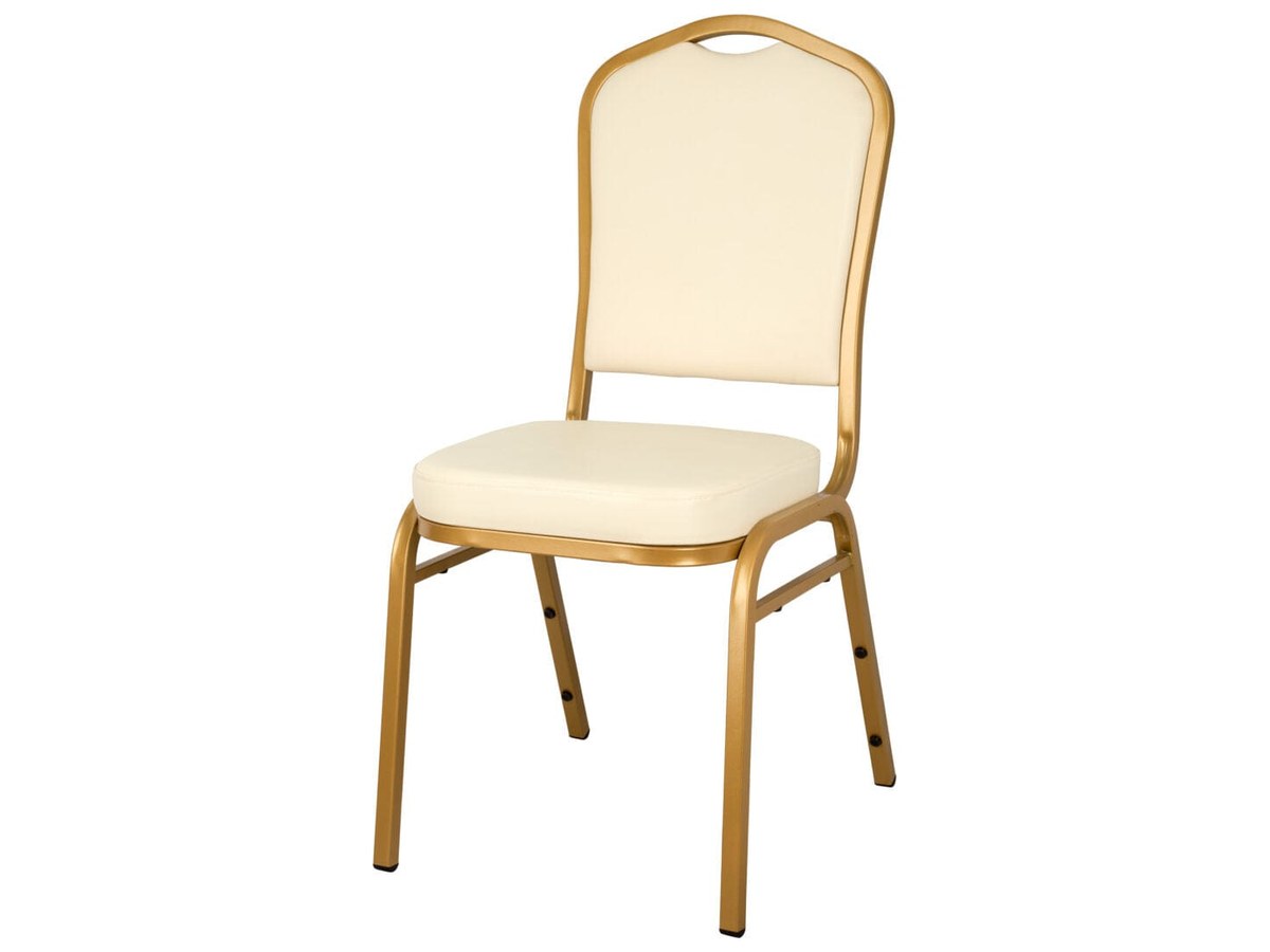 The crown back in ivory vinyl on a gold frame — the configuration that keeps a stacking banquet chair from reading as one.