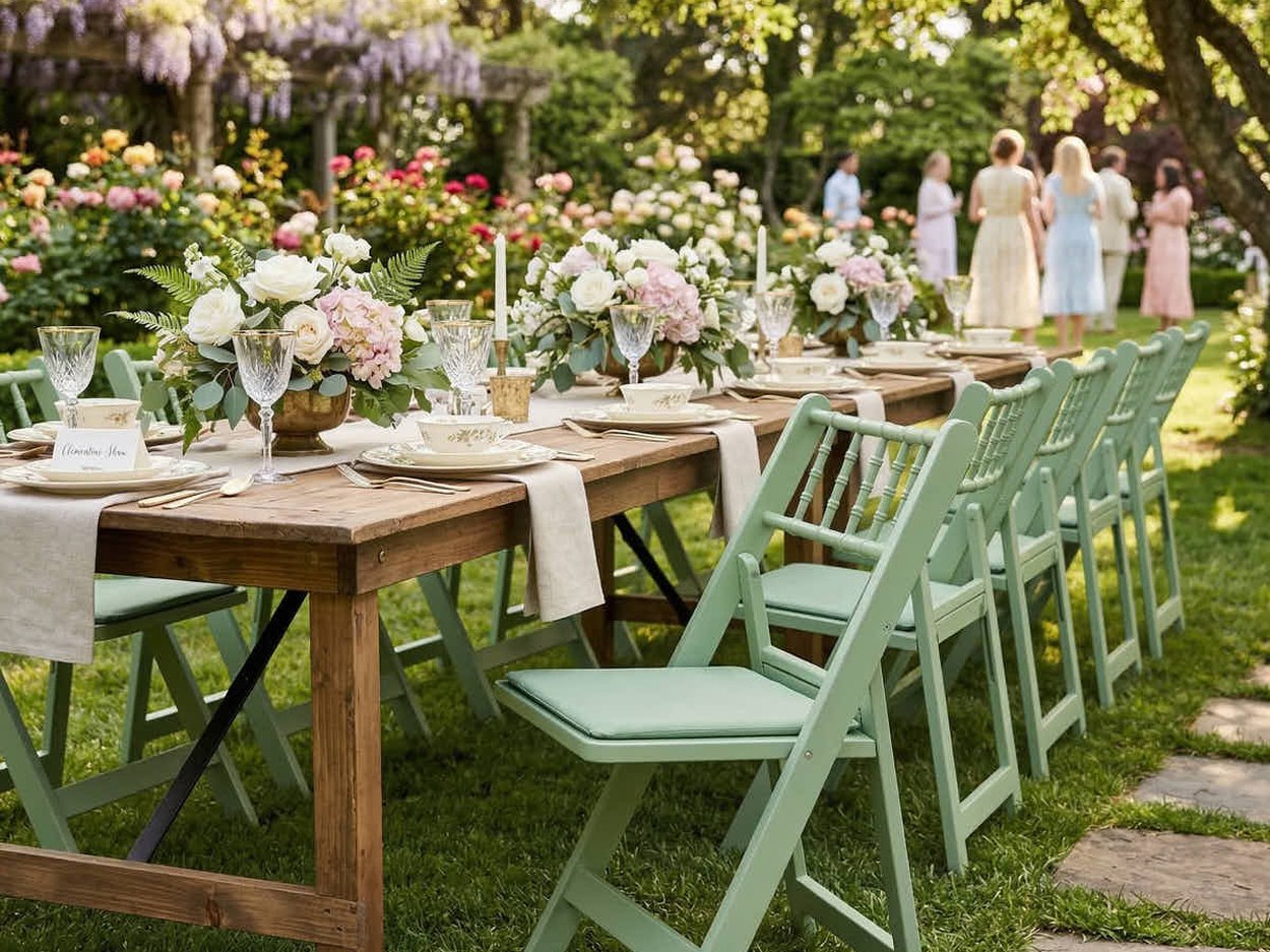 **[Sage Green WoodGrain™ resin folding](https://chivari.com/products/sage-green-woodgrain-resin-folding-chiavari-style-chair-with-sage-green-cushion)** at a garden farm table. Colour runs through the resin, so a scuffed leg does not flash white.