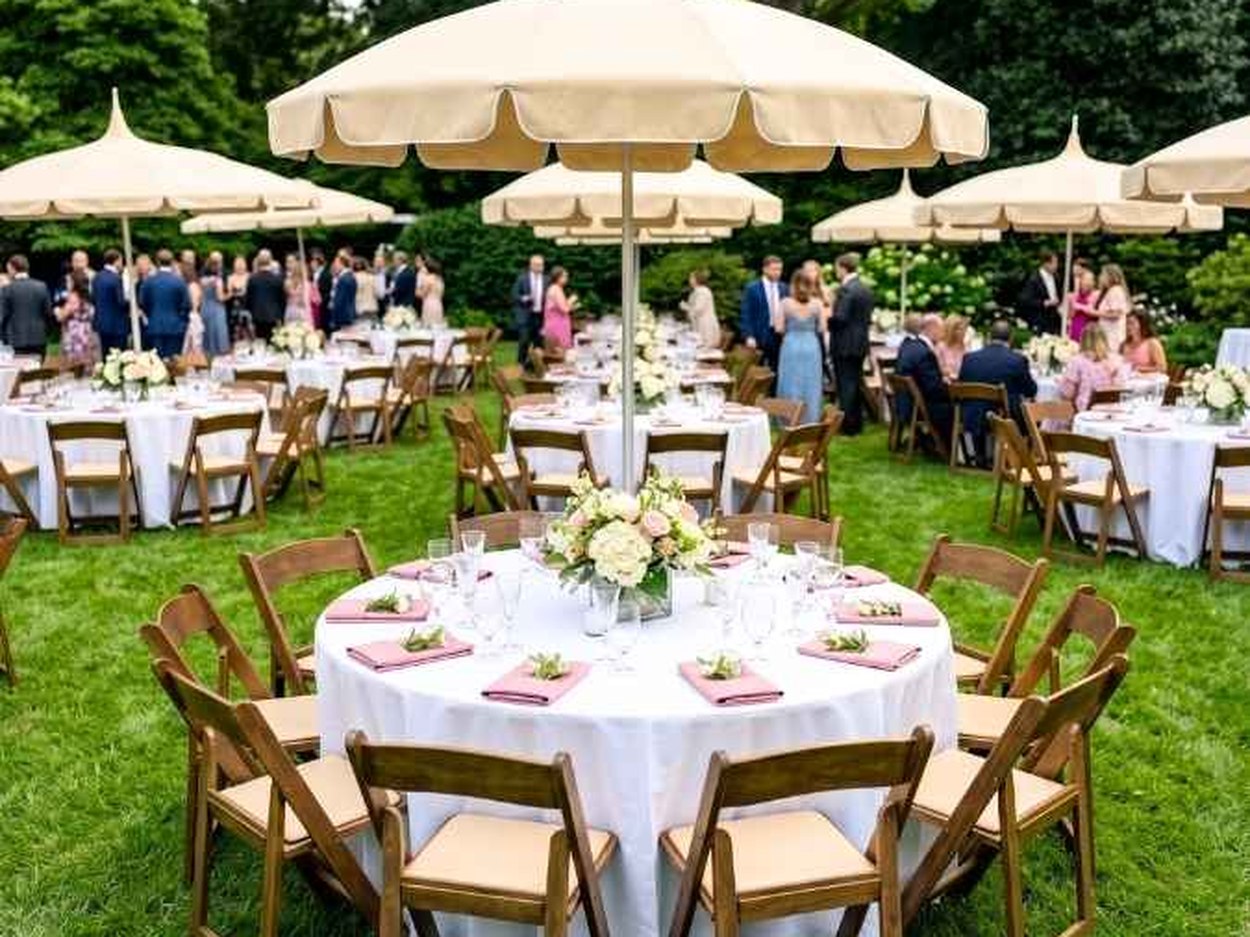 **[Chestnut WoodGrain™ resin folding](https://chivari.com/products/chestnut-resin-woodgrain-folding-chair-with-tan-cushion)** at round tables on grass. An 18.5-inch seat — this grade eats at a table, the 16-inch grades do not.