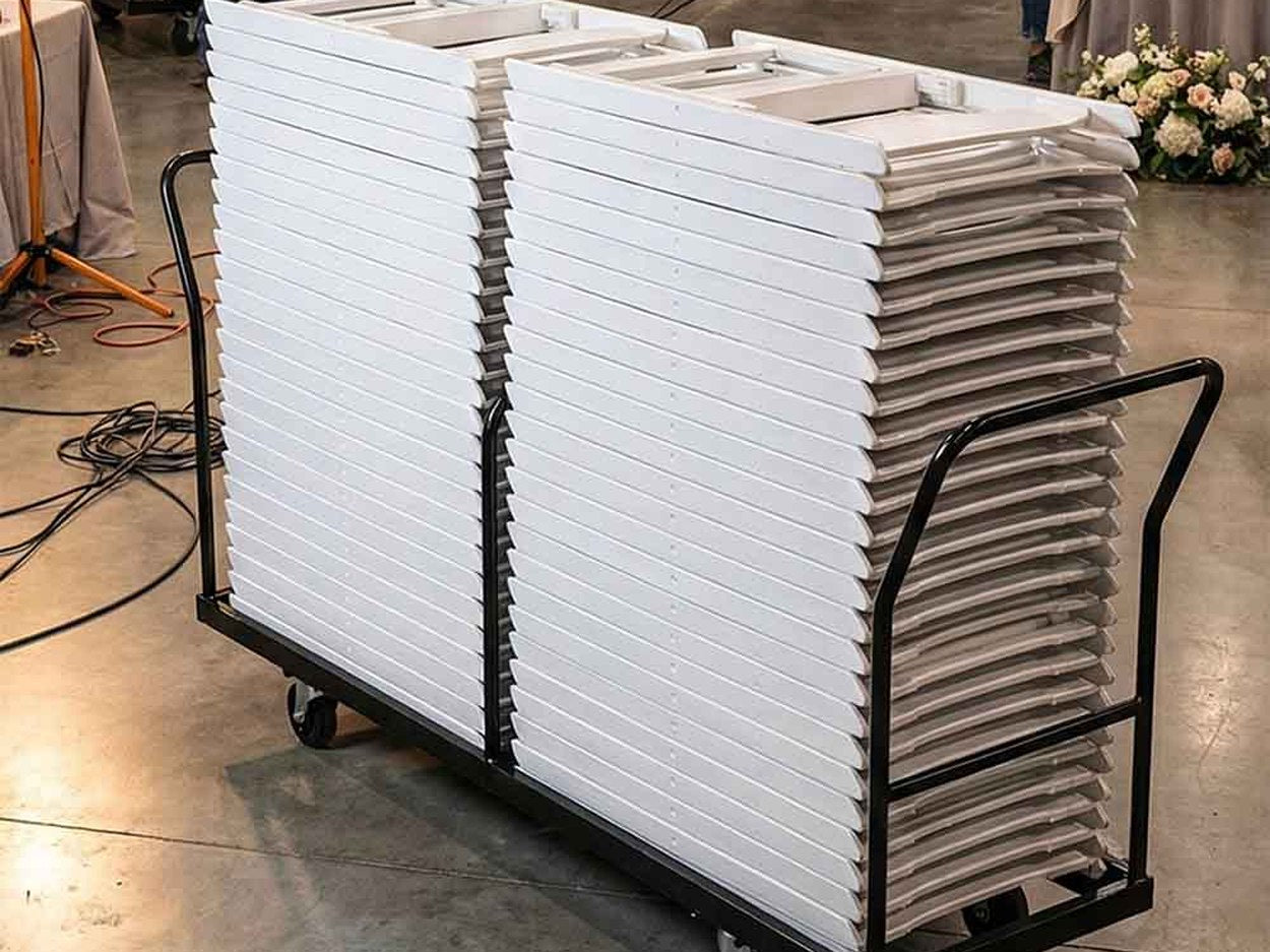 **[Extra-large steel folding chair cart](https://chivari.com/products/extra-large-steel-folding-chair-cart-for-poly-resin-bamboo-and-wood-folding-chairs-gray)** loaded and staged. Chairs go from stack to row and back without ever touching the floor.
