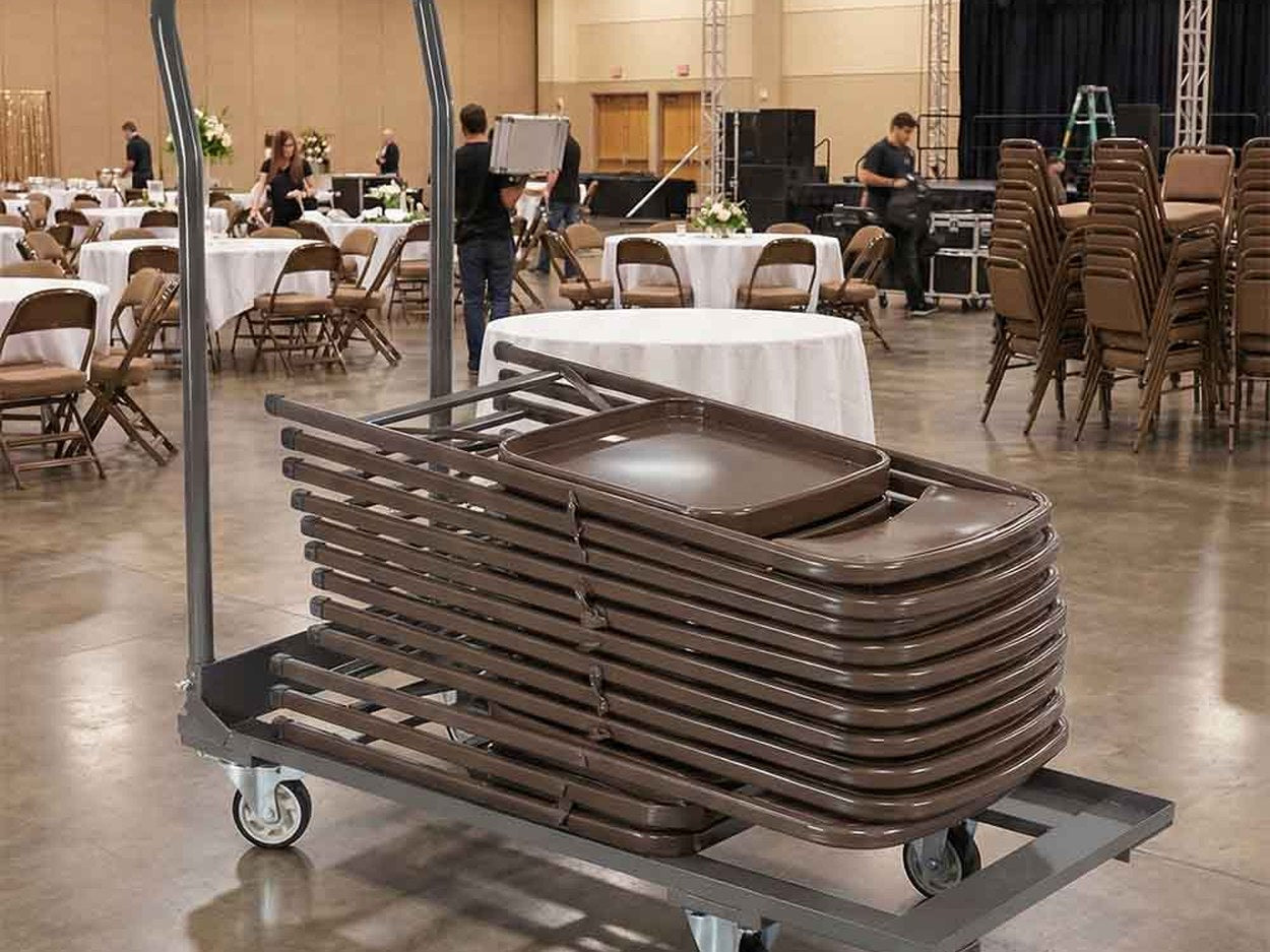 **[Gray steel folding chair cart](https://chivari.com/products/gray-cart-for-folding-chairs)**, up to 25 chairs. The small cart is what a volunteer crew actually pushes; the 72-chair hanging cart is what the warehouse loads.