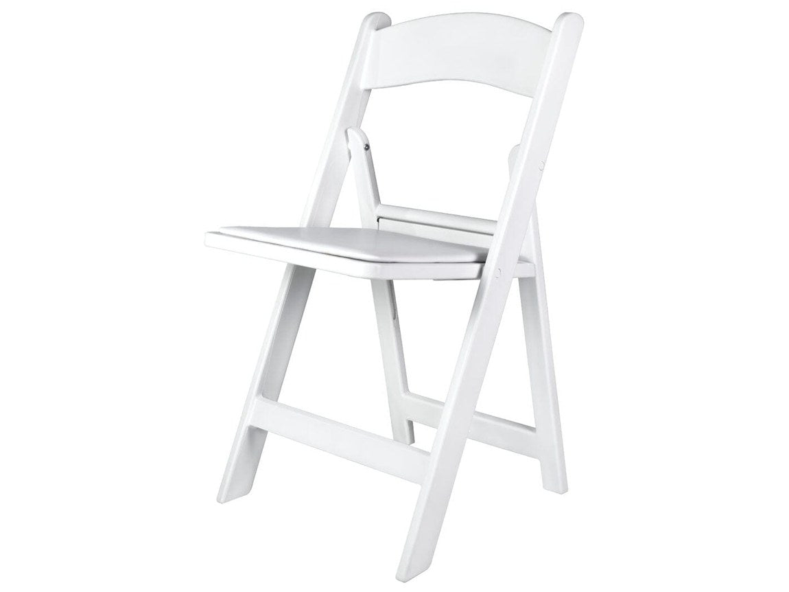 The same chair from a three-quarter angle. Chivari ships it in a two-inch-wide carton — that folded thickness is what puts 25 of them on a small cart.