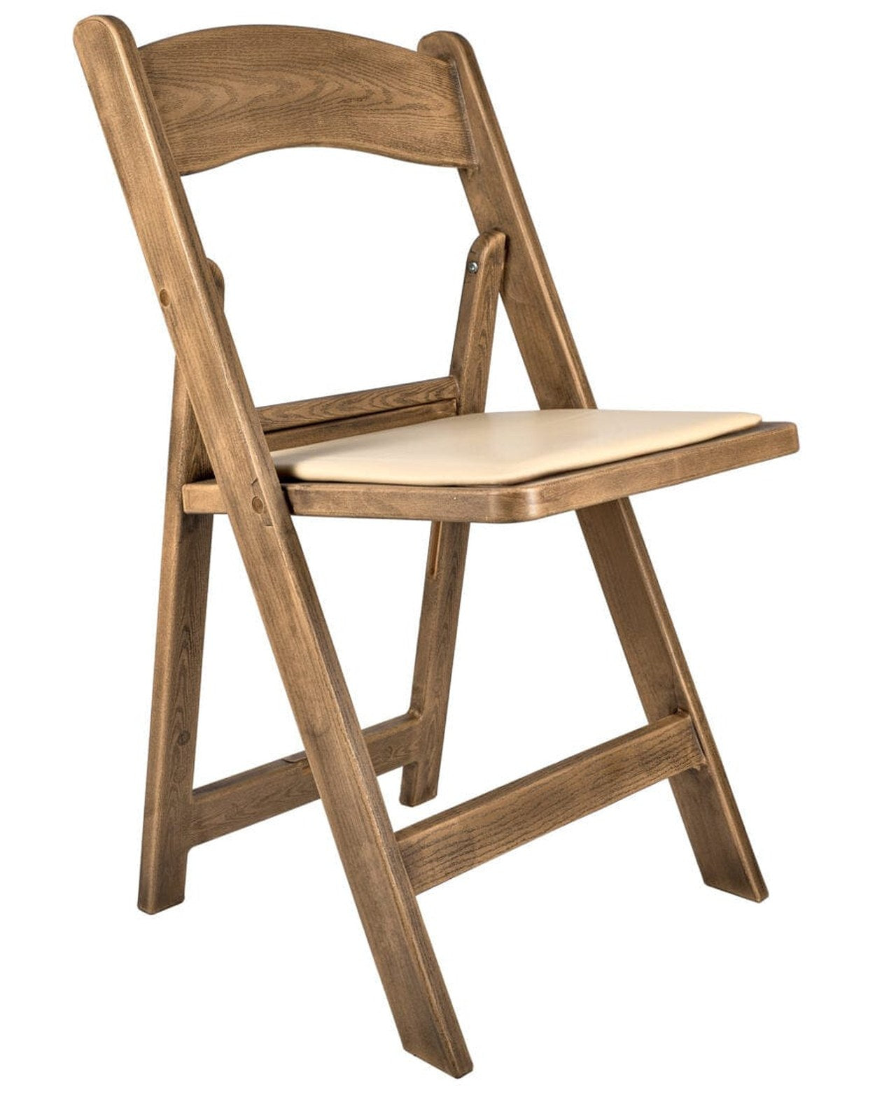 Chestnut Resin WoodGrain Folding Chair with tan cushion