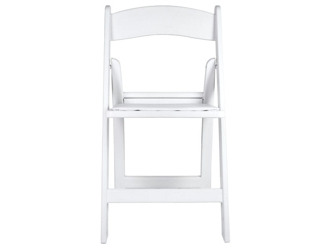 The white Steel Skeleton™ folding chair. The steel core is internal — the load path is steel, the surface is resin.