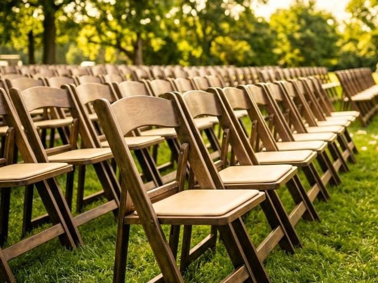 The same chassis in Chestnut WoodGrain™, in ceremony rows on grass. Ten-year frame coverage on a chair that folds flat.