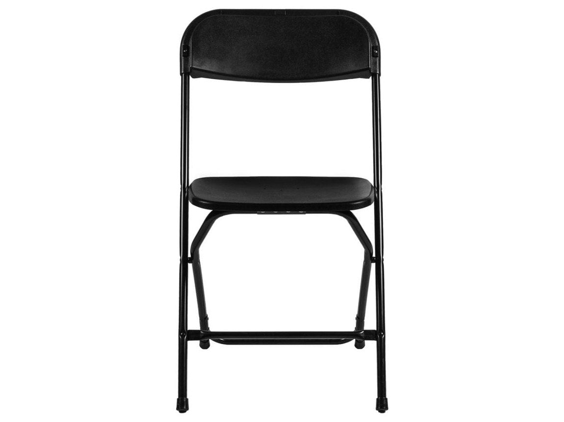 Steel tube frame, moulded polypropylene seat and back. The steel carries the load, which is why a 7.5-pound chair rates at 660 lbs.