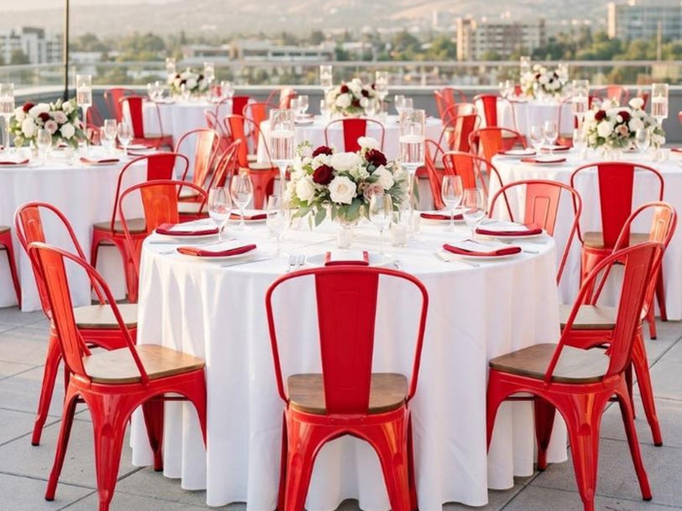 Ten covers to a 72-inch round, dressed to the floor. The table disappears and the chairs do the talking.