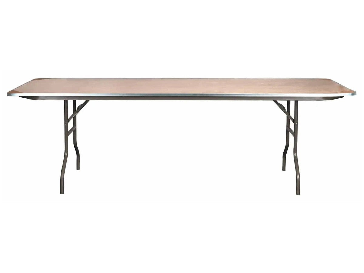The folding leg assembly and metal E-channel edge. The edge takes the impact when a table goes through a doorway at an angle.