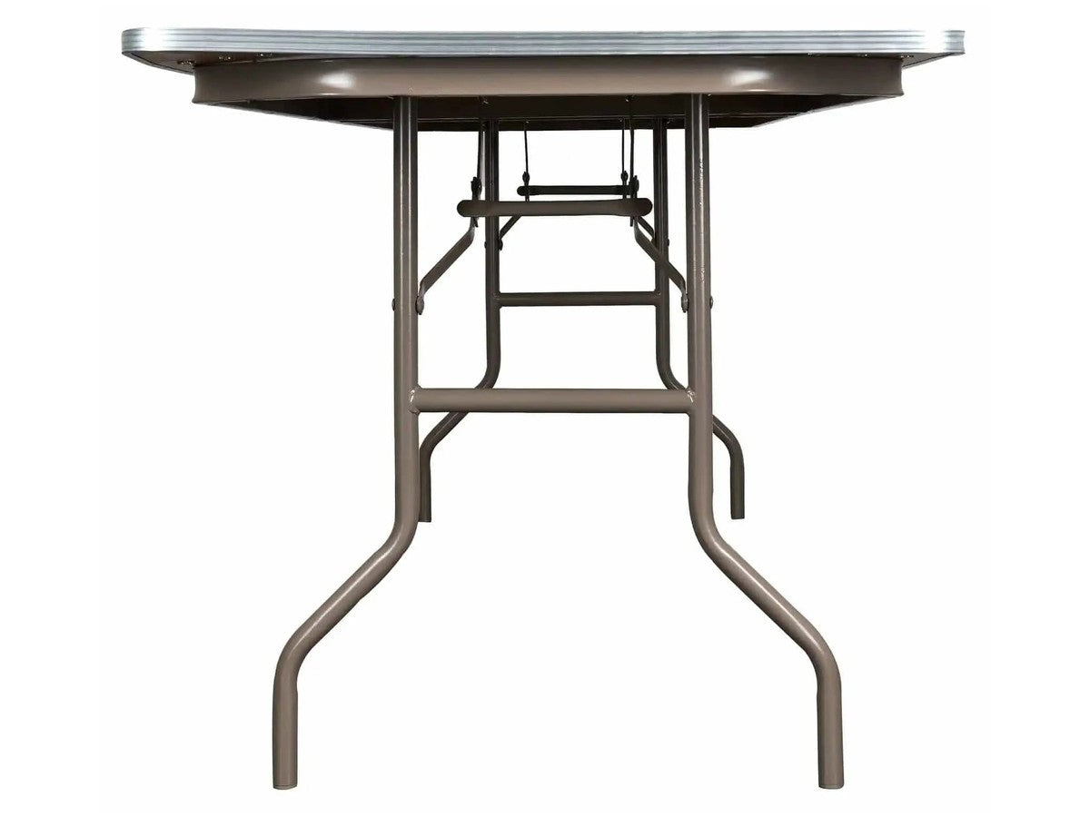 End-on, at 30-inch dining height. The internal Steel Skeleton™ is what earns the ten-year frame term.