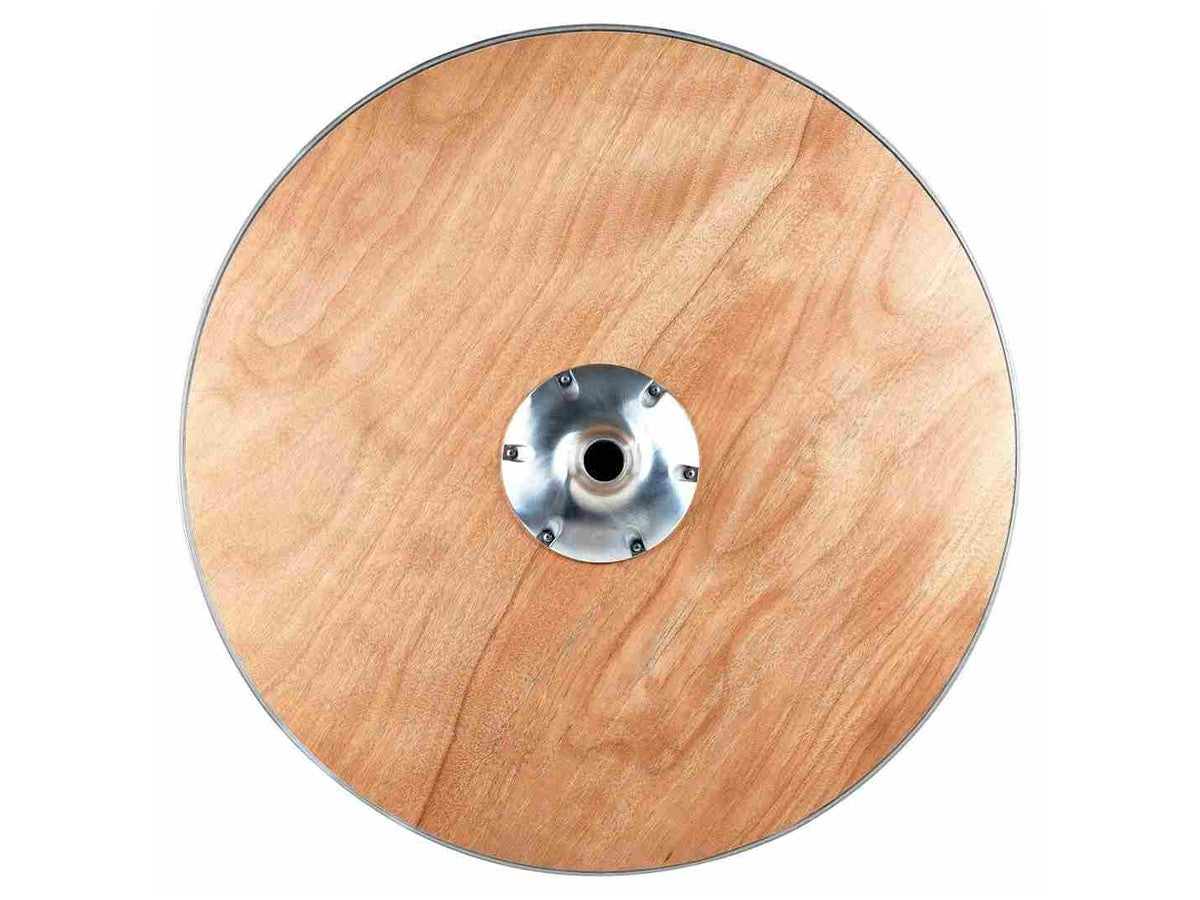 The underside. A single centre flange is the whole assembly: the column bolts into it, and the top comes off flat for storage.