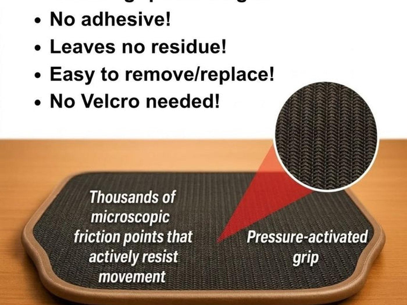 SlipNot™ backing — pressure-activated grip, no adhesive and no straps. The difference between straightening 200 chairs during dinner and not.