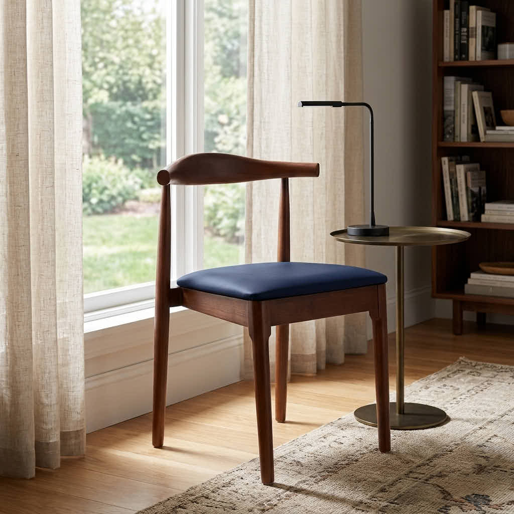 Chivari Walnut Finish Wood Horn Chair with Navy Blue Vinyl Cushion CHWWL-SHVNB-KT