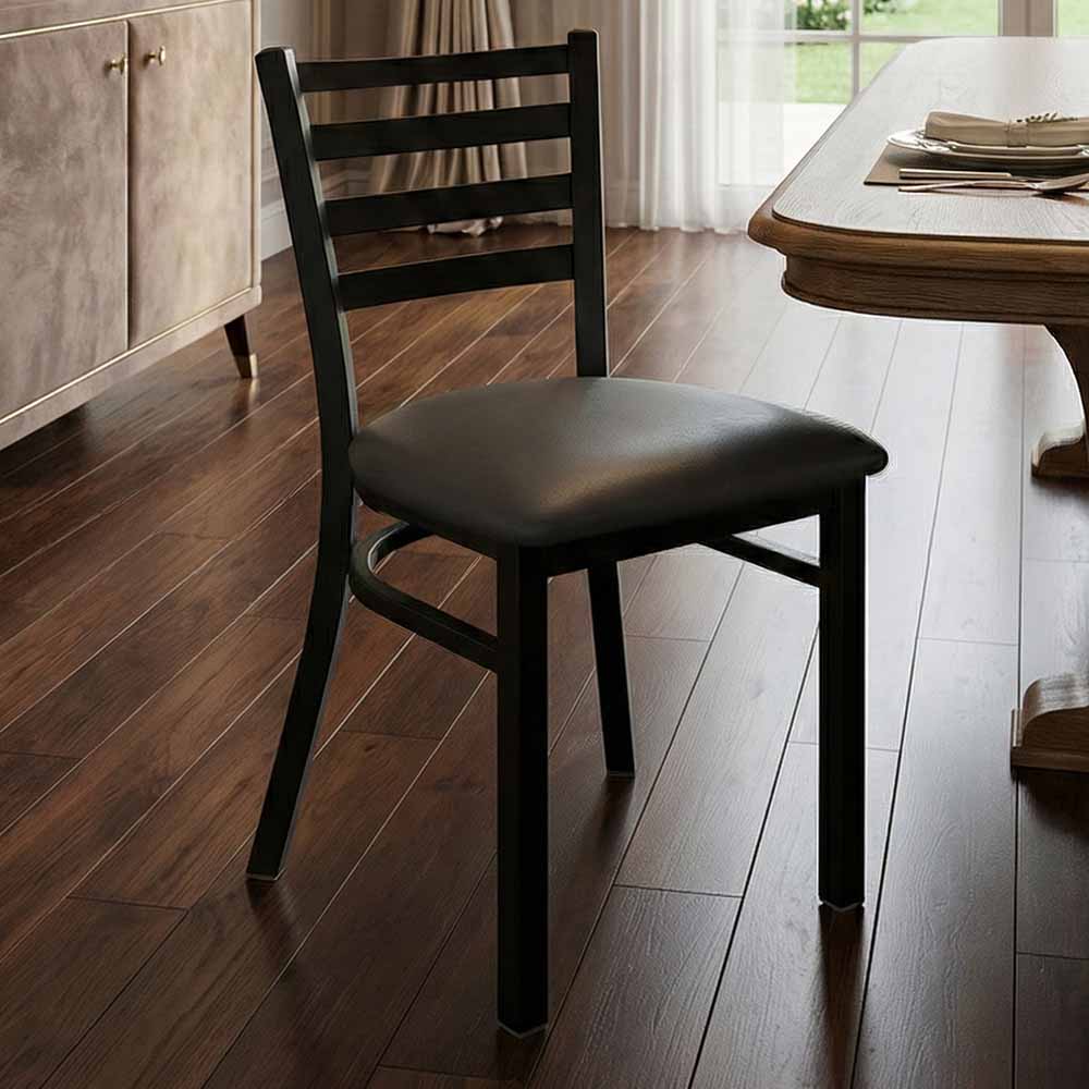 Chivari Ladder Back Restaurant Chair with Black Metal Frame and Dark Gray Vinyl Seat CLMBVDG-ZF-KT