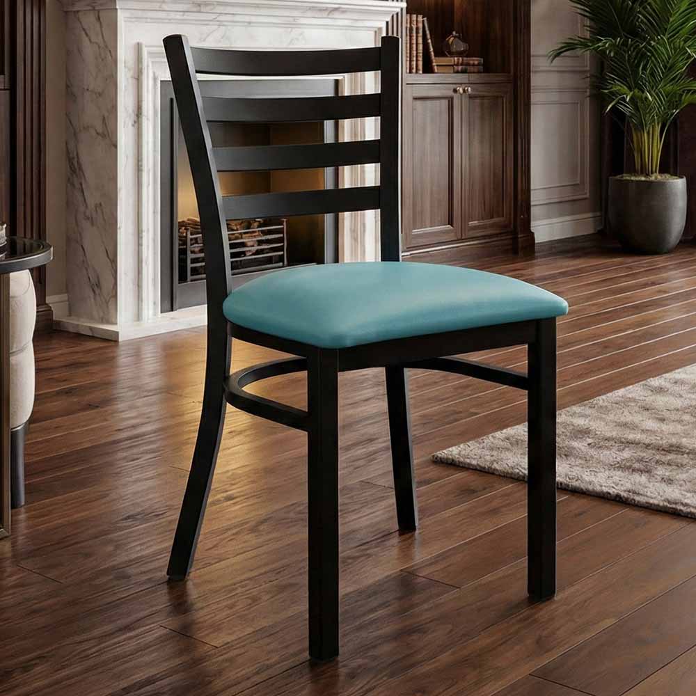 Chivari Ladder Back Restaurant Chair with Black Metal Frame and Light Blue Vinyl Seat CLMBVLBL-ZF-KT