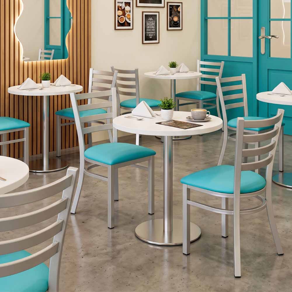 Chivari Ladder Back Restaurant Chair with Black Metal Frame and Light Blue Vinyl Seat CLMBVLBL-ZF-KT