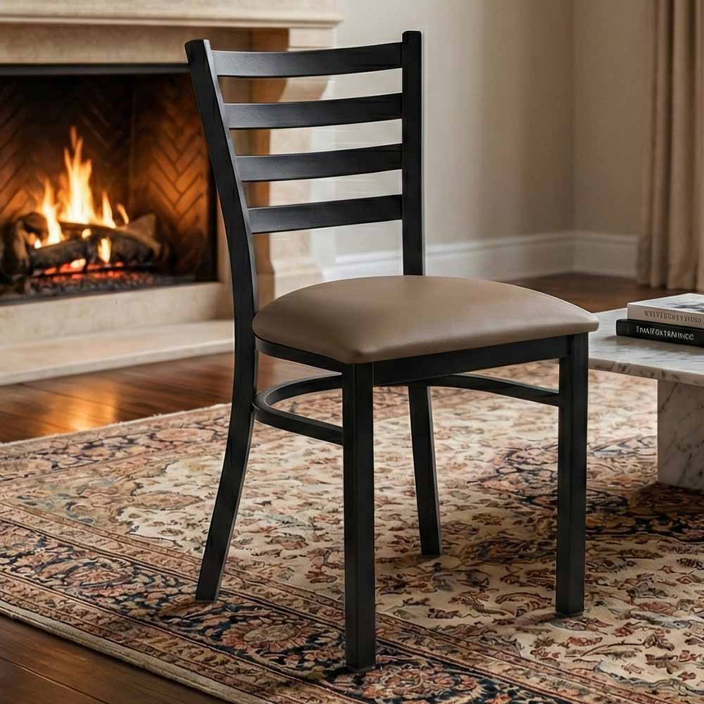 Chivari Ladder Back Restaurant Chair with Black Metal Frame and Taupe Vinyl Seat CLMBVTP-ZF-KT