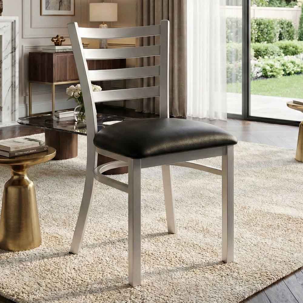 Chivari Ladder Back Restaurant Chair with Silver Frame and Black Vinyl Seat CLMSVB-ZF-KT