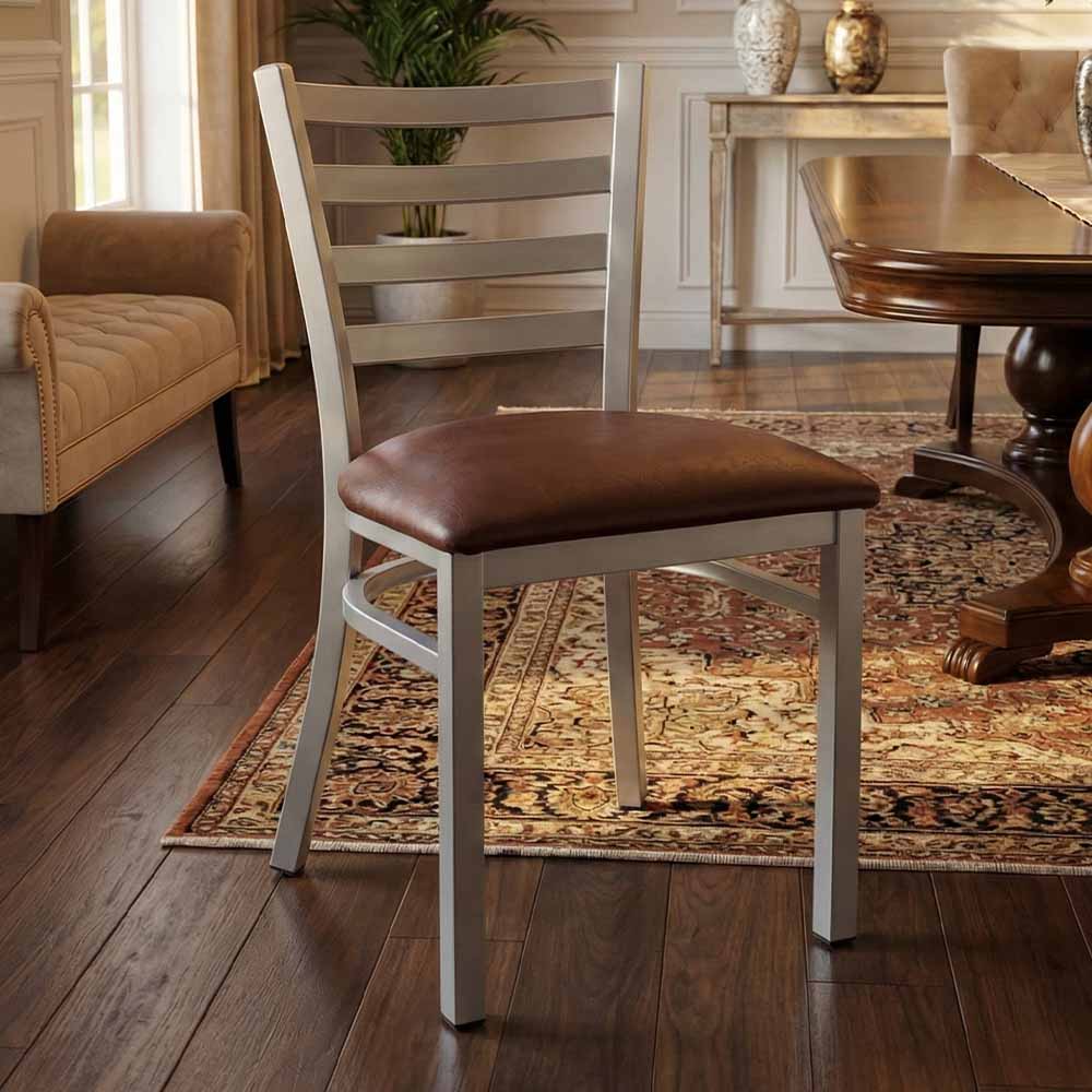 Chivari Ladder Back Restaurant Chair with Silver Frame and Brown Vinyl Seat CLMSVBR-ZF-KT