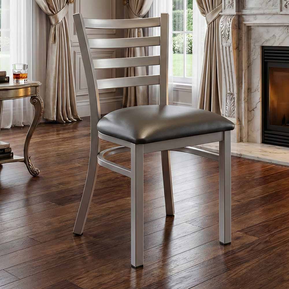 Chivari Ladder Back Restaurant Chair with Silver Frame and Dark Gray Vinyl Seat CLMSVDG-ZF-KT