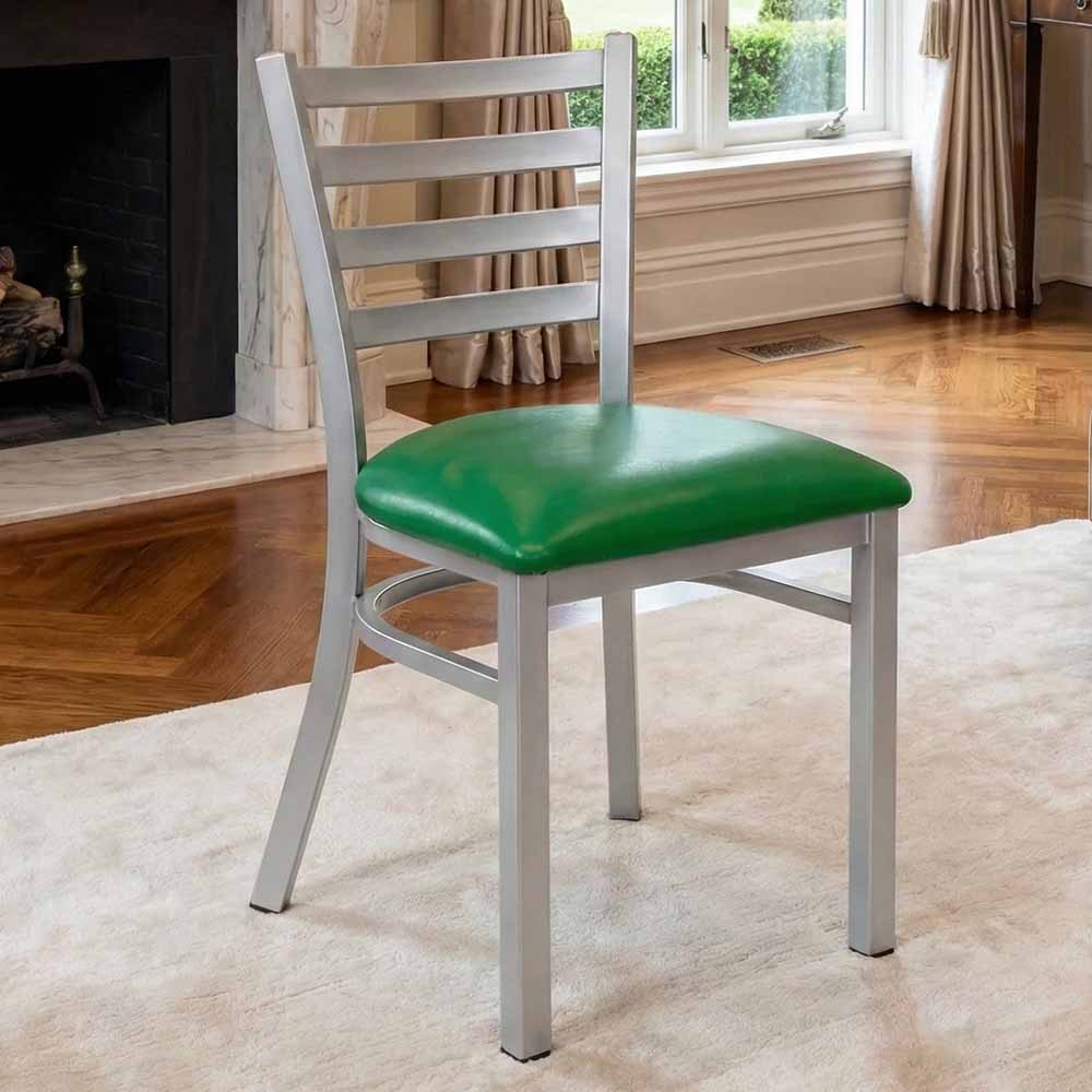 Chivari Ladder Back Restaurant Chair with Silver Frame and Green Vinyl Seat CLMSVGR-ZF-KT