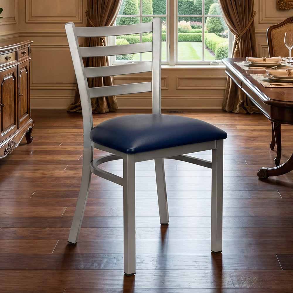 Chivari Ladder Back Restaurant Chair with Silver Frame and Navy Blue Vinyl Seat CLMSVNB-ZF-KT