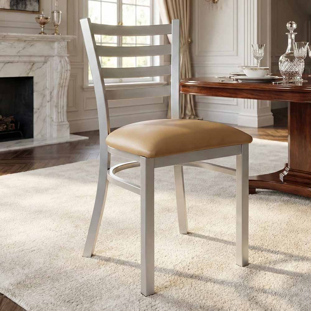 Chivari Ladder Back Restaurant Chair with Silver Frame and Tan Vinyl Seat CLMSVT-ZF-KT