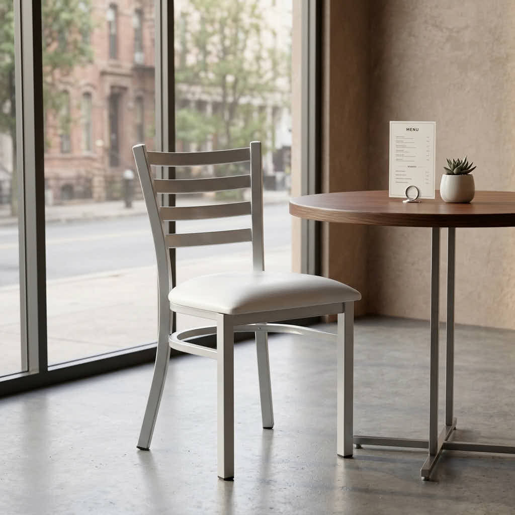 Chivari Silver Ladder Back Restaurant Chair with White Vinyl Seat CLMSVWH-ZF-KT