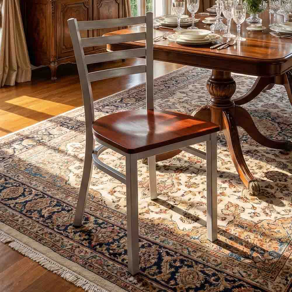 Chivari Ladder Back Restaurant Chair with Silver Frame and Mahogany Wood Seat CLMSWMW-ZF-KT