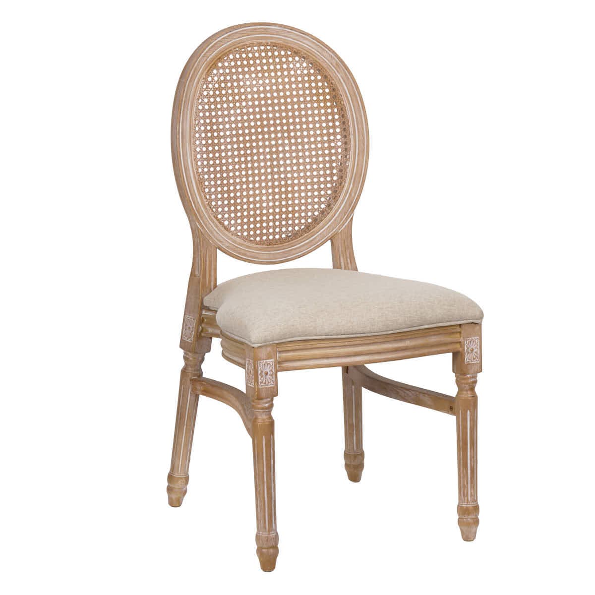 Chivari Natural White Washed Resin Louis Pop Chair with Beige Fabric Seat and Rattan Back CLPRNWW-FR-ZG
