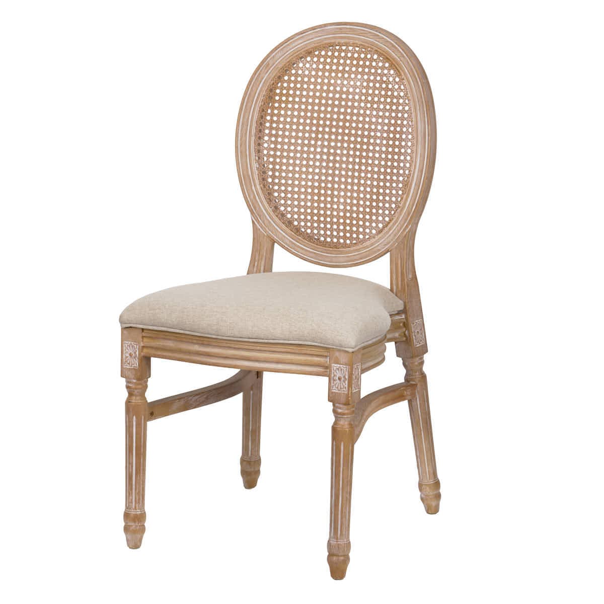 Chivari Natural White Washed Resin Louis Pop Chair with Beige Fabric Seat and Rattan Back CLPRNWW-FR-ZG