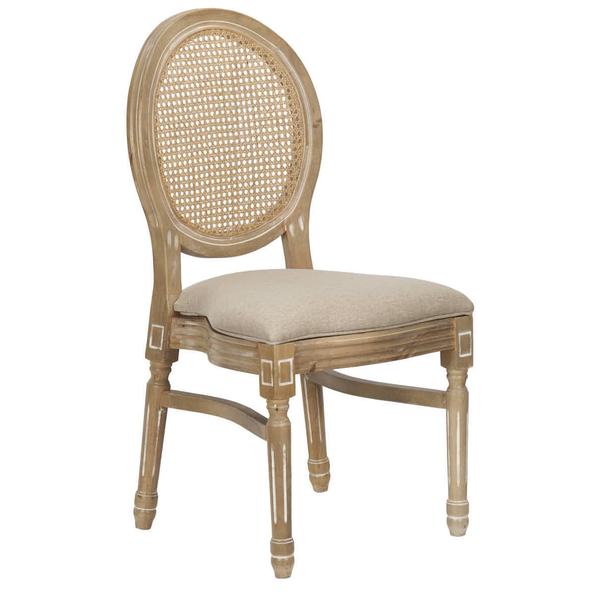 Chivari Antique Distressed Wood Louis Pop Chair Rattan Back and Beige Tweed Fabric Seat CLPWANTIQ-FR-ZG-T