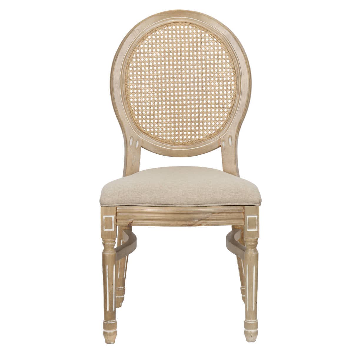 Chivari Antique Distressed Wood Louis Pop Chair Rattan Back and Beige Tweed Fabric Seat CLPWANTIQ-FR-ZG-T