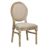 Antique Distressed Wood Louis Pop Chair Beige Tweed Fabric Back and Seat