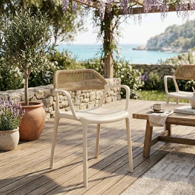 Chivari Off White Linea Resin Chair with Beige Rattan Backrest CLRWHB-AX