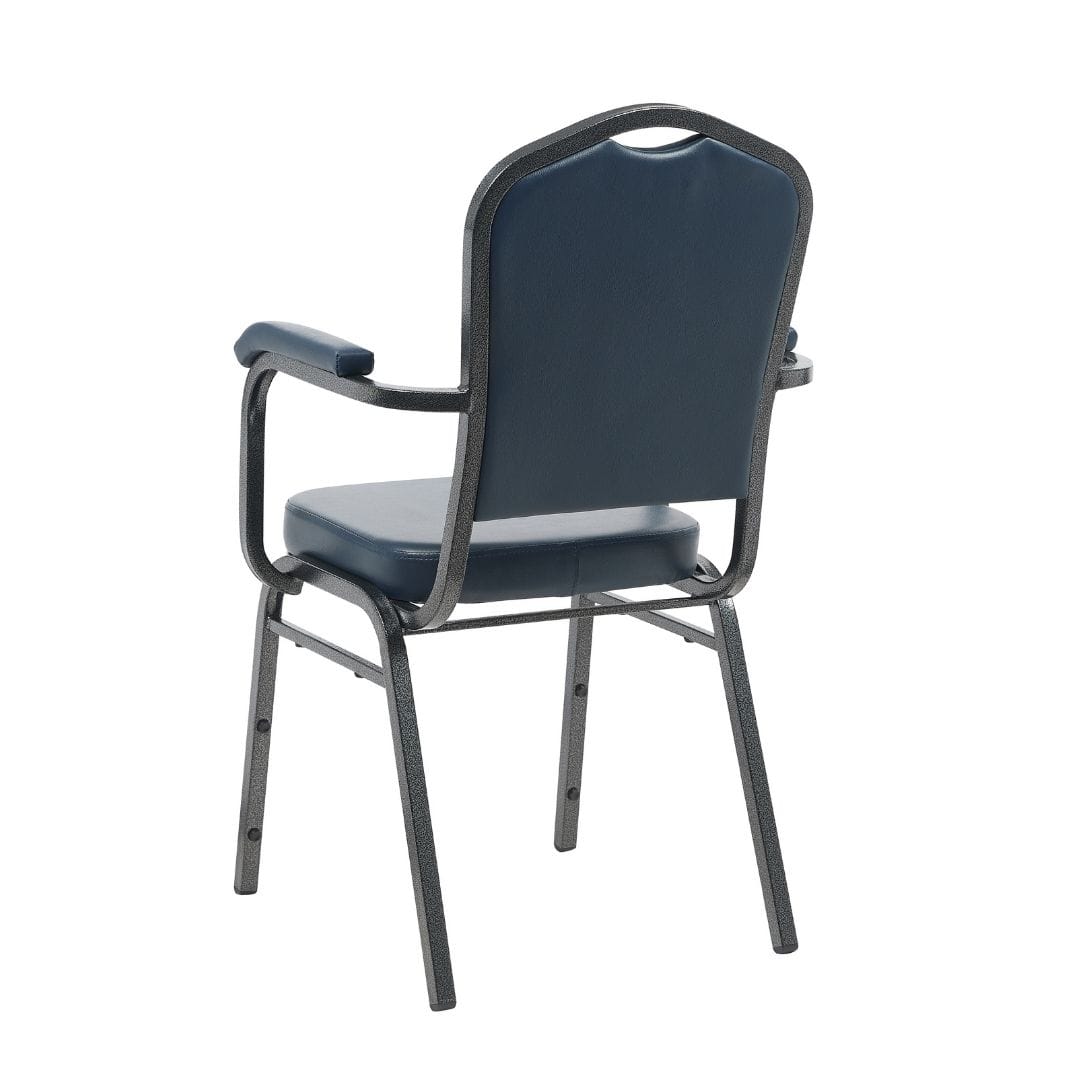 Chivari Navy Blue Vinyl Silver Vein Steel Frame Crown Back Banquet Chair with Arms CQCAVBLU-ZF-T