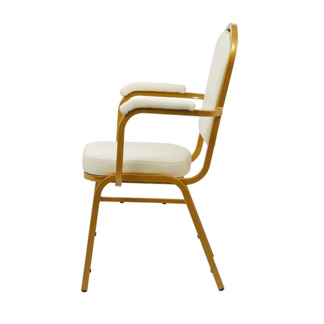 Chivari Ivory Vinyl Gold Frame Crown Back Banquet Chair with Arms CQCAVI-ZF-T