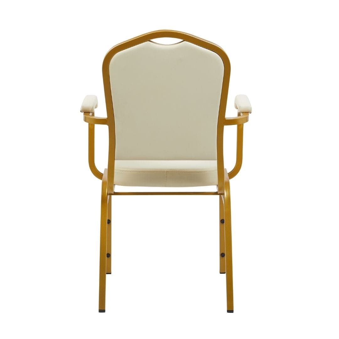 Chivari Ivory Vinyl Gold Frame Crown Back Banquet Chair with Arms CQCAVI-ZF-T
