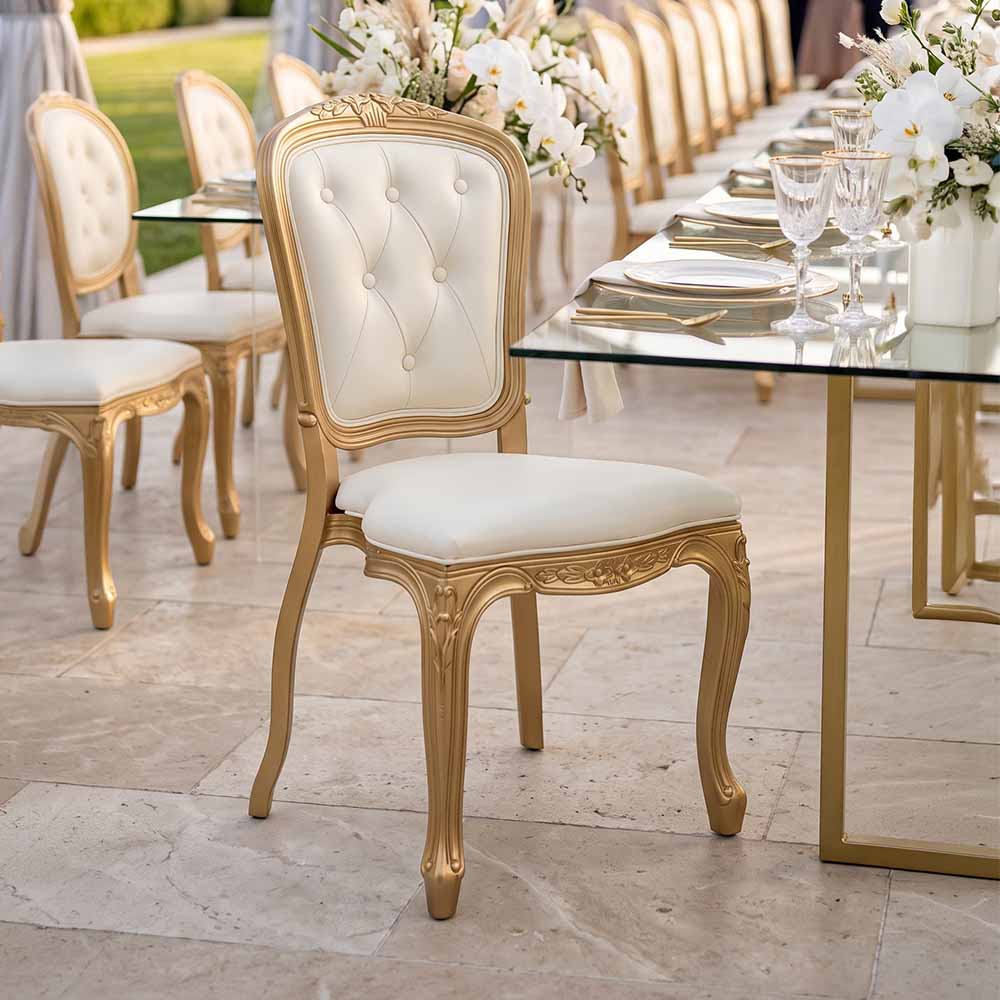 Chivari Gold Resin Royal Chair with Ivory Vinyl Seat and Ivory Vinyl Tufted Back Similar to Louis Pop Style - Chambeau CRRGIT-ZG-T