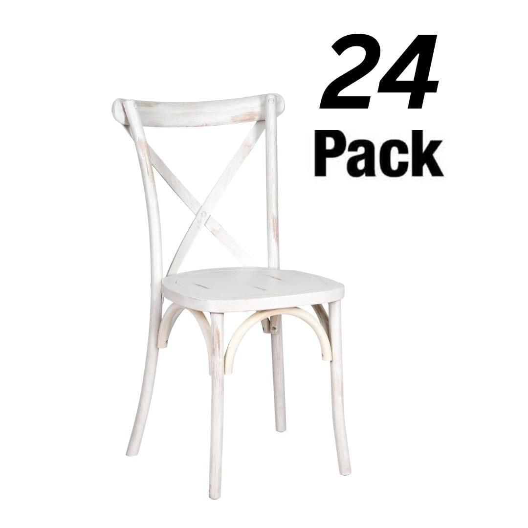 Chivari 24 Pack White Distressed ToughWood™ Cross Back Chair CXWWD-AX-T-24
